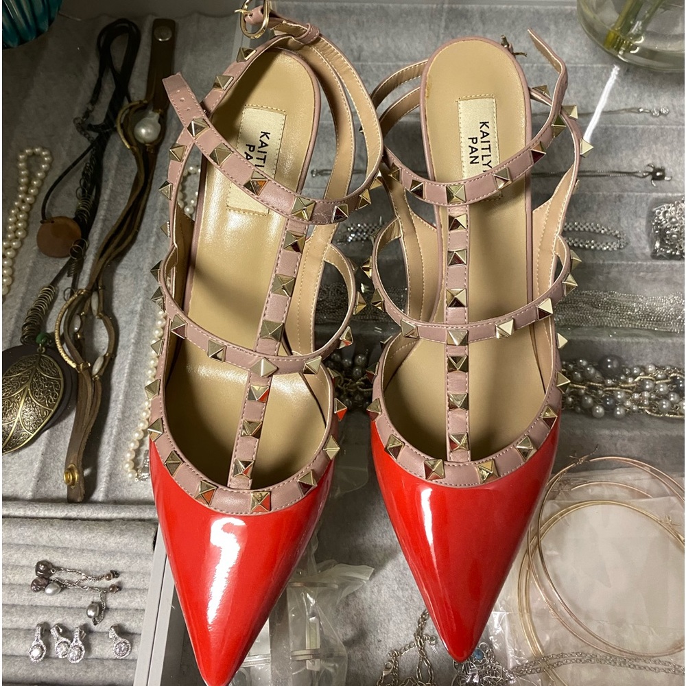 Kaitlyn Pan Red Rockstud Caged Heels
